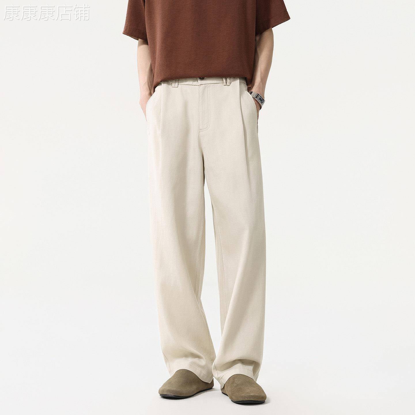 香港天丝杏灰色休闲裤男夏季薄款冰丝2026新款宽松老钱风亚麻裤子