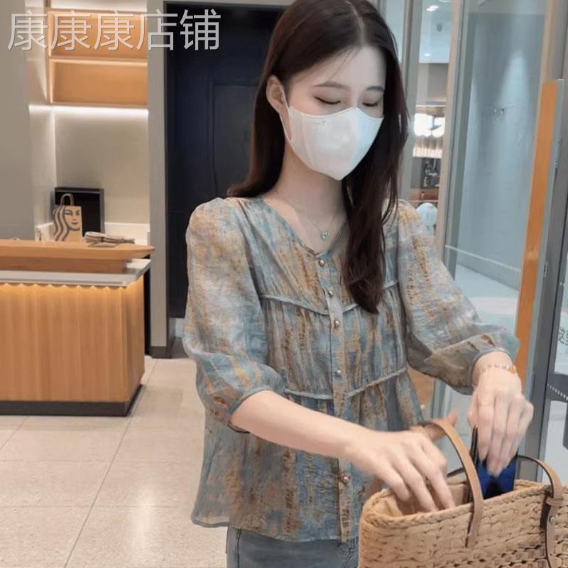 高级感碎花雪纺衫女夏季欧货七分袖新款超仙漂亮小衫宽松透气上衣