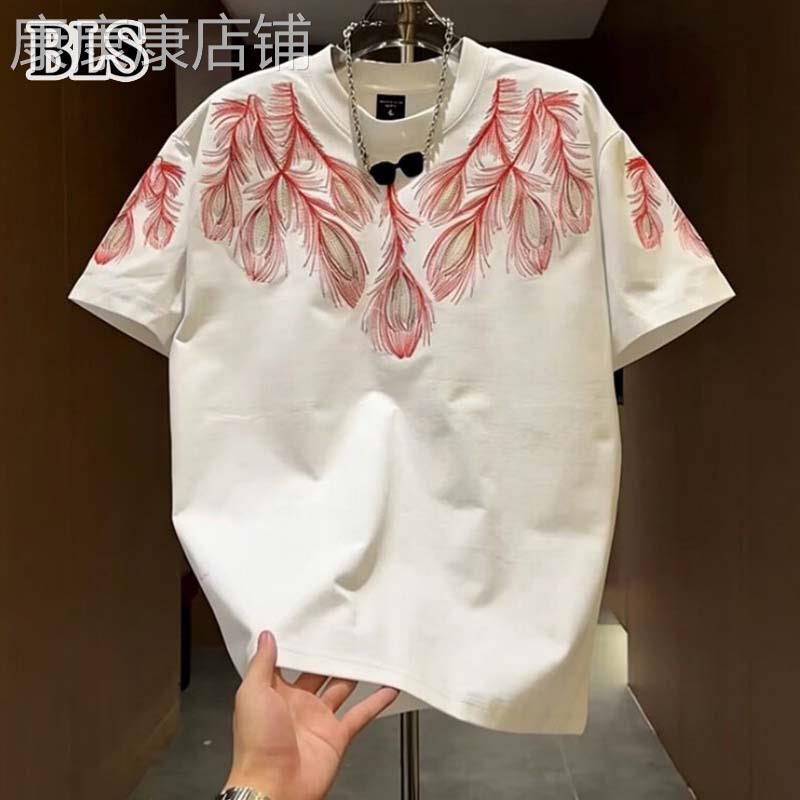 高端羽毛刺绣短袖T恤男士夏季2026新款休闲百搭重磅圆领男士上衣