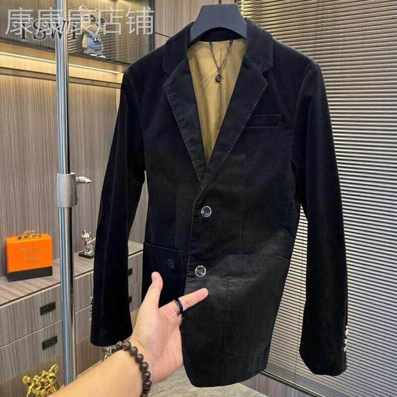 高端轻奢商务休闲西装上衣男士秋冬新款轻熟纯色条绒绣花修身外套