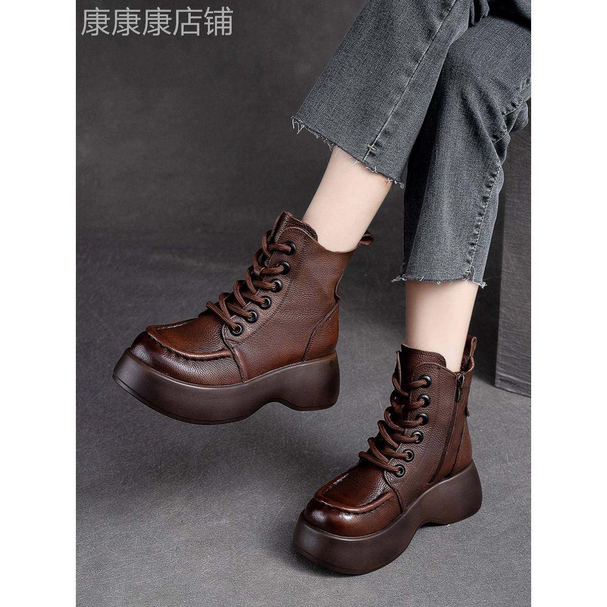 真皮增高马丁靴女鞋覆古松糕厚底轻便头层牛皮短靴加绒加厚棉鞋潮