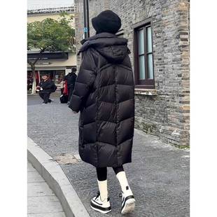 香港高级感黑色中长款连帽羽绒棉服女冬韩版宽松加厚茧型保暖外套
