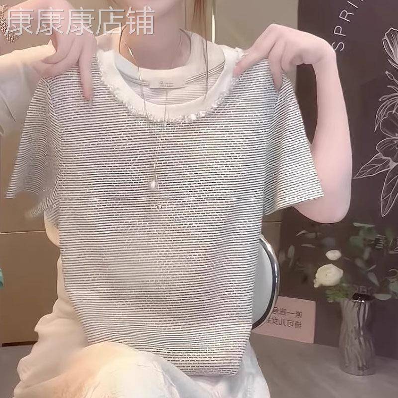 高级感圆领花边短袖T恤女夏季欧货大尺码胖MM减龄超好看显瘦上衣