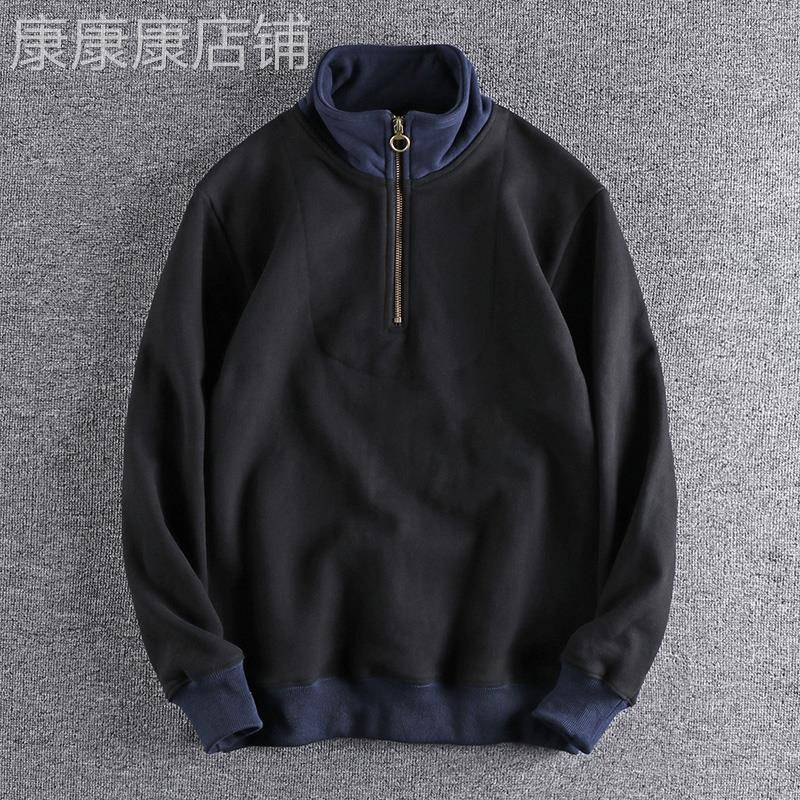 代购香港潮男秋冬美式复古撞色半开立领青年外套加厚男士套头卫衣