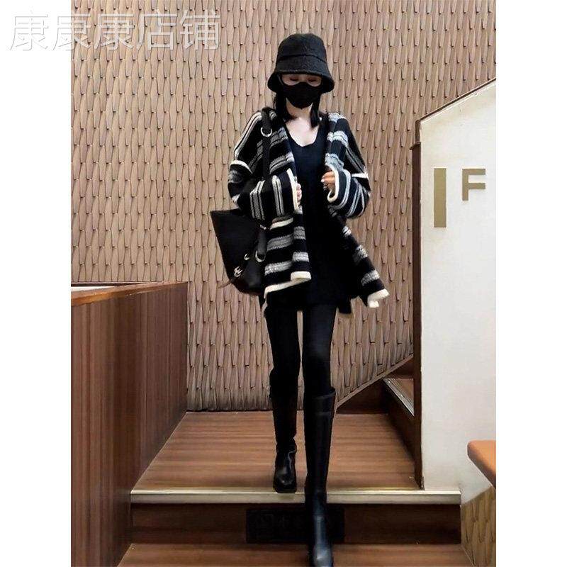 黑白条纹连帽针织开衫女春秋欧货宽松毛衣外套慵懒风中长款上衣