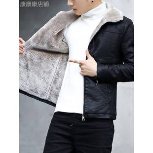 皮衣男冬季加绒加厚修身韩版潮流帅气羊羔绒毛夹克皮毛一体男外套