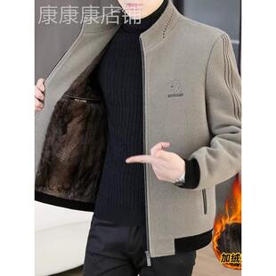 金貂绒毛呢大衣男士短款加绒加厚保暖休闲中青年立领呢子夹克外套