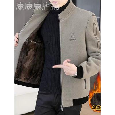 金貂绒毛呢大衣男士短款加绒加厚保暖休闲中青年立领呢子夹克外套