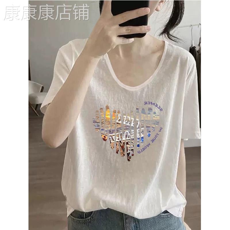 韩版休闲正肩V领印花白色短袖T恤女2026夏季新款欧货宽松显瘦上衣