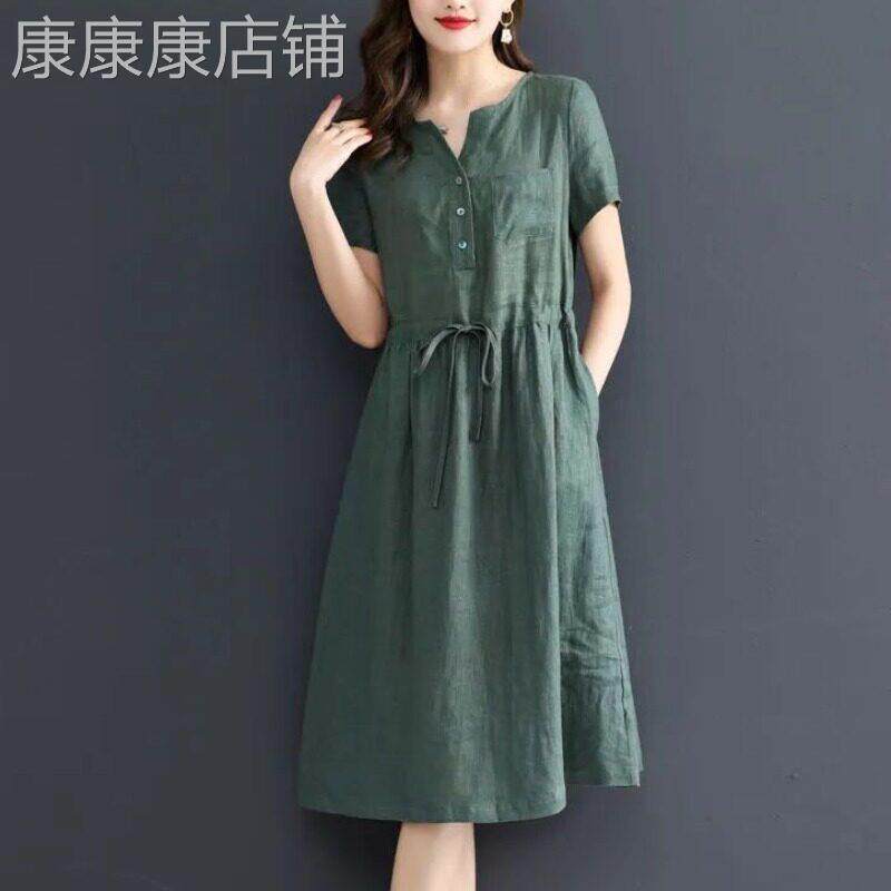 洋派减龄亚麻洋装女夏天2025年新款短袖收腰显瘦中长版衬衫裙子