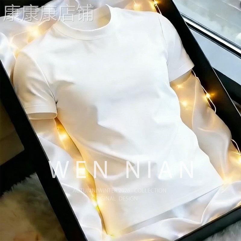 韩国WEN NIAN轻奢透气短袖t恤男款2026夏季重磅纯棉圆领内搭潮牌