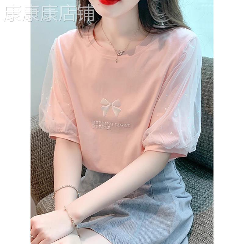 法式网纱拼接泡泡袖上衣女夏季2026新款甜美减龄宽松休闲短袖T恤