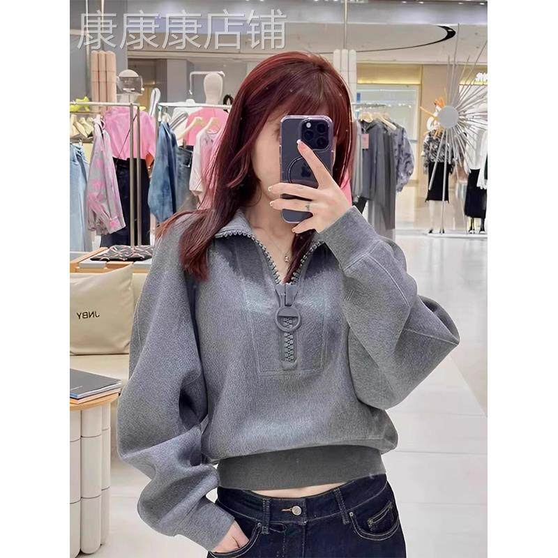 加绒加厚短款灰色卫衣女士春秋欧货新款高级感立领半拉炼小众外套