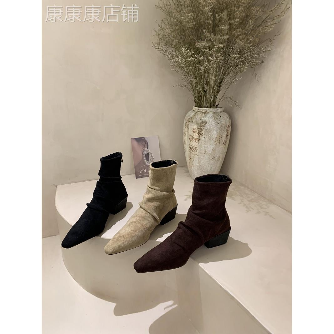 潮牌女靴2025秋冬新款绒面瘦瘦靴女粗跟短靴方头弹力短靴套筒袜靴