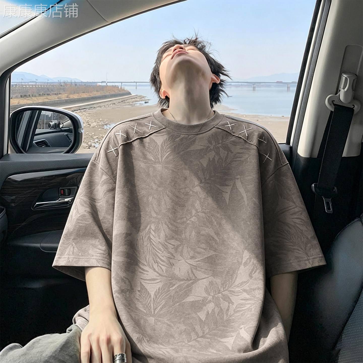 枫叶暗纹刺绣短袖男款夏季美式复古半袖上衣潮牌宽松休闲正肩T恤