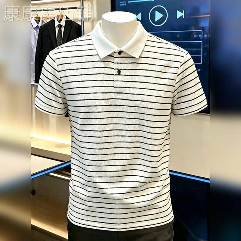 高端蓝白条纹翻领短袖t恤男2026夏季新款polo衫休闲潮流半袖上衣