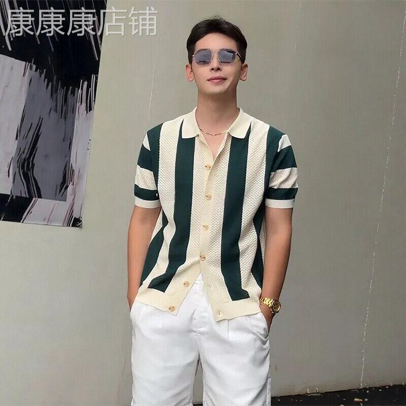 潮牌镂空针织POLO衫短袖男士开襟外套夏季条纹透气T恤老钱风上衣