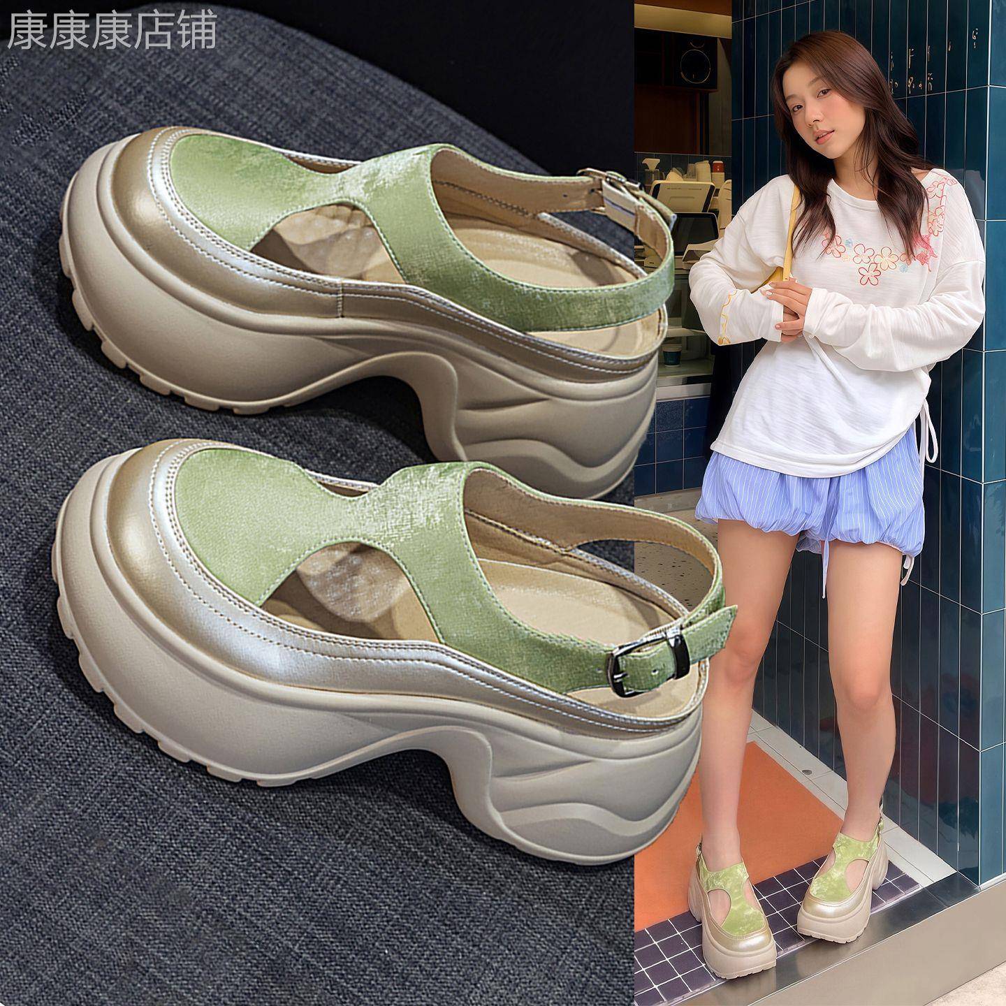 香港厚底凉鞋女2026夏季新款真皮包头洞洞百搭增高运动休闲罗马鞋