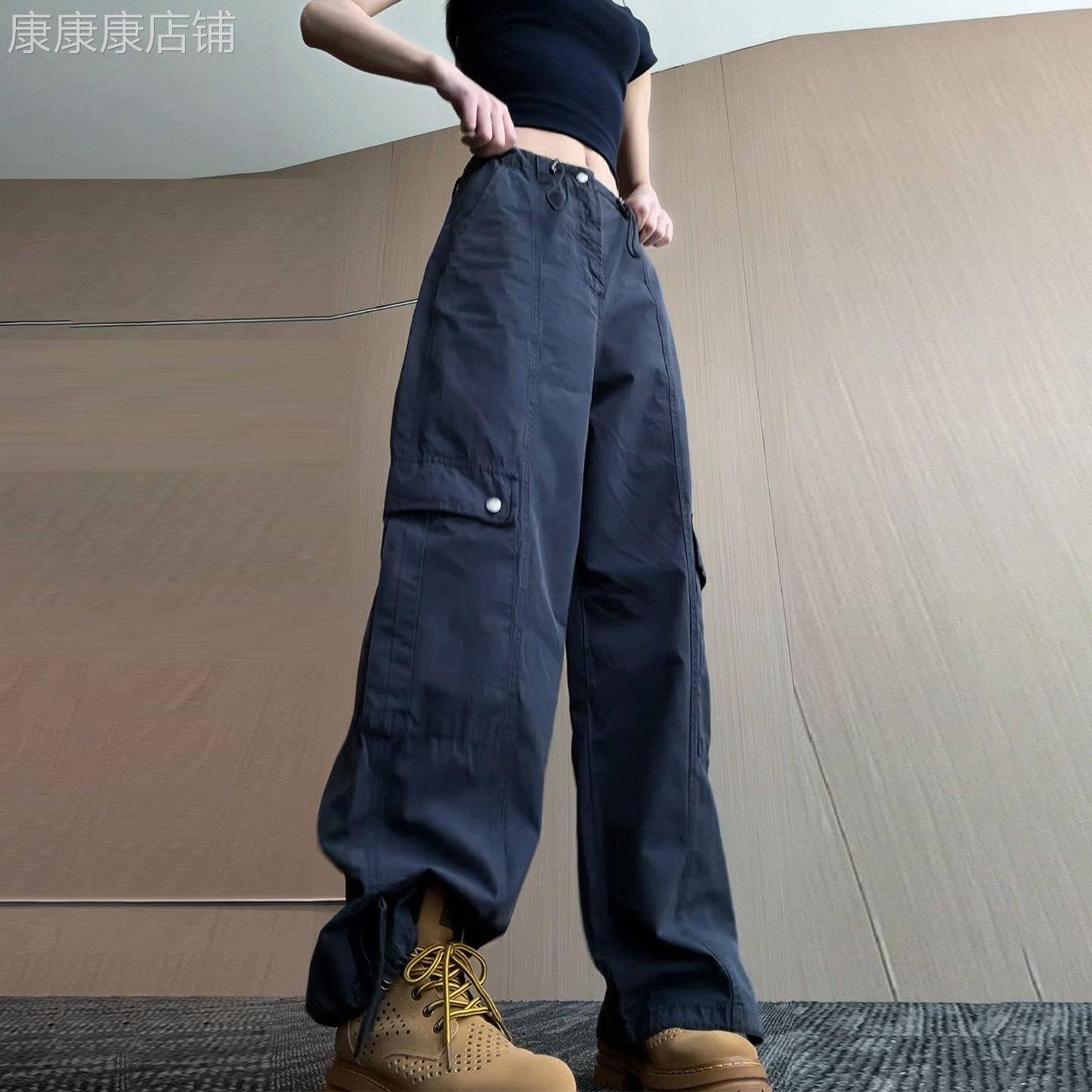 美式多口袋阔腿休闲裤女秋季2025新款胖妹妹mm高腰显瘦束脚运动裤