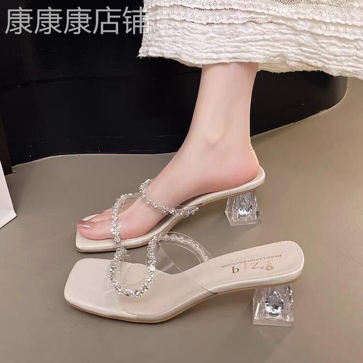 水钻高跟拖鞋女夏外穿2026新款时尚仙女风配裙子法式粗跟水晶凉拖