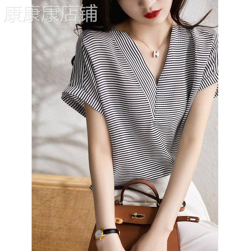 雪纺衬衫女夏薄款时尚条纹大V领高级感法式休闲百搭宽松显瘦上衣