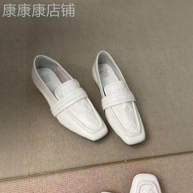 羊皮版~英伦复古风白色方头乐福鞋女平跟一脚蹬通勤百搭单鞋女鞋