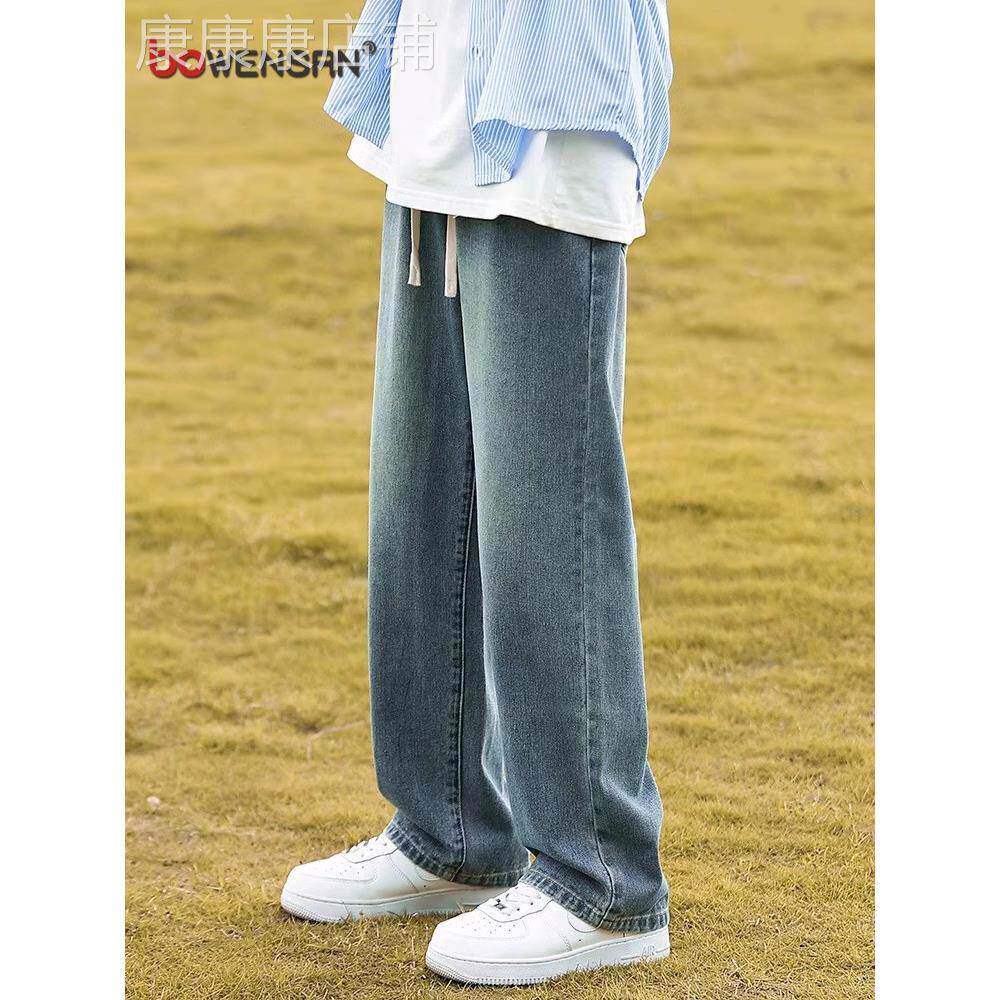 潮牌牛仔裤男士2025新款春秋冬季加绒松紧腰男裤直筒阔腿裤子男款