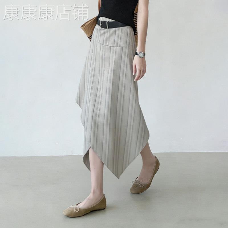 浅灰色条纹半身裙女2026夏季新款通勤不规则高腰显瘦时髦A字裙