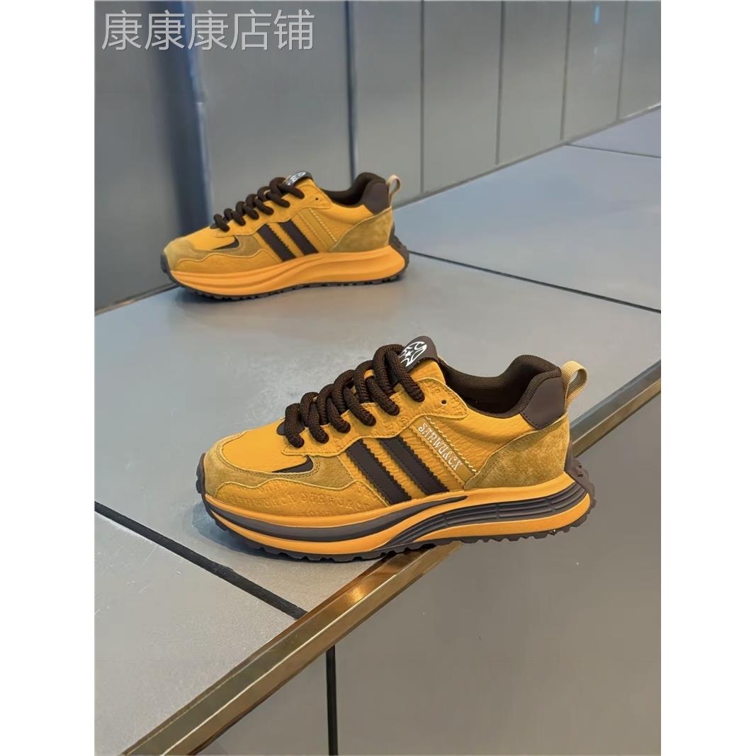 男鞋秋季2025新款真皮运动三道杠阿甘鞋厚底舒适休闲鞋百搭老爹鞋