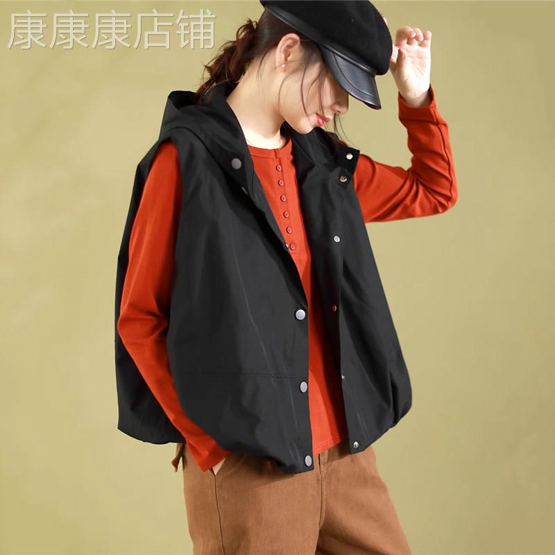 2025新款连帽马甲女款大码宽松休闲开衫无袖上衣百搭卡其色纯色