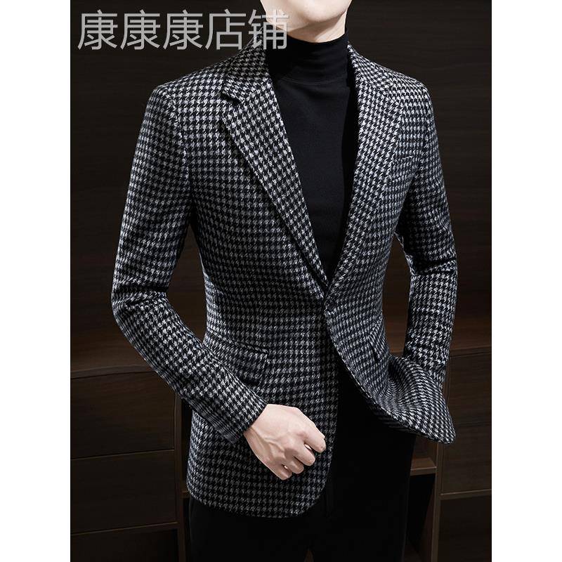 千鸟格小西装男士外套春秋款高级感男装韩版潮流百搭痞帅休闲西服