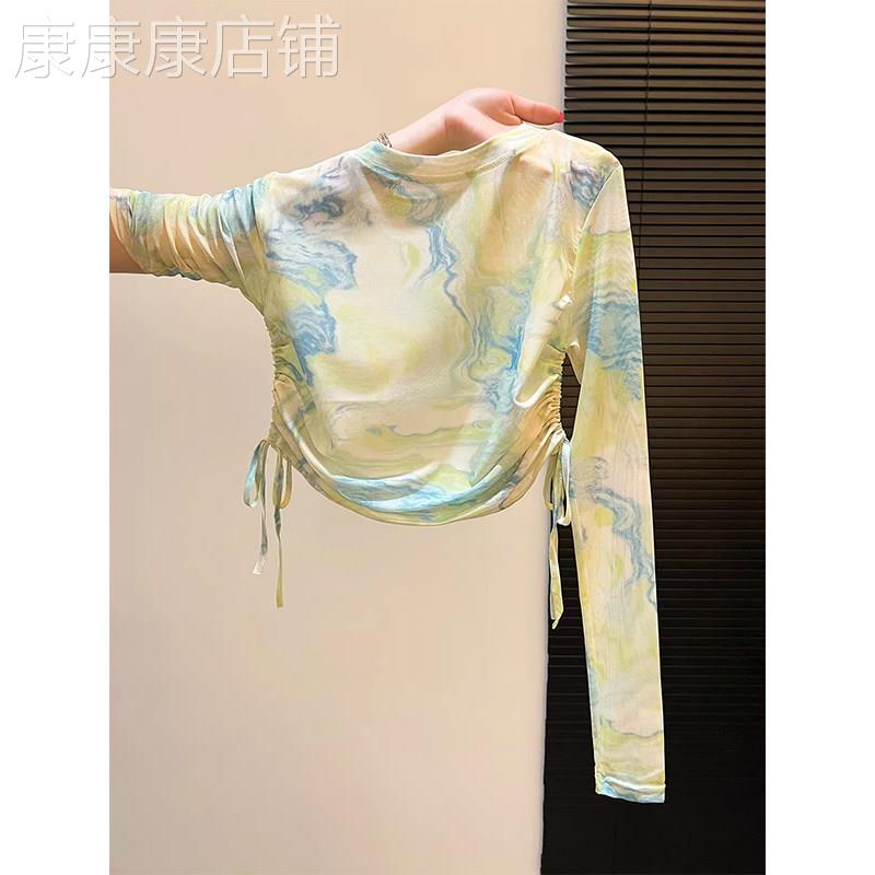 绿色晕染印花长袖T恤女夏季欧货抽绳掐腰修身显瘦短款设计感上衣