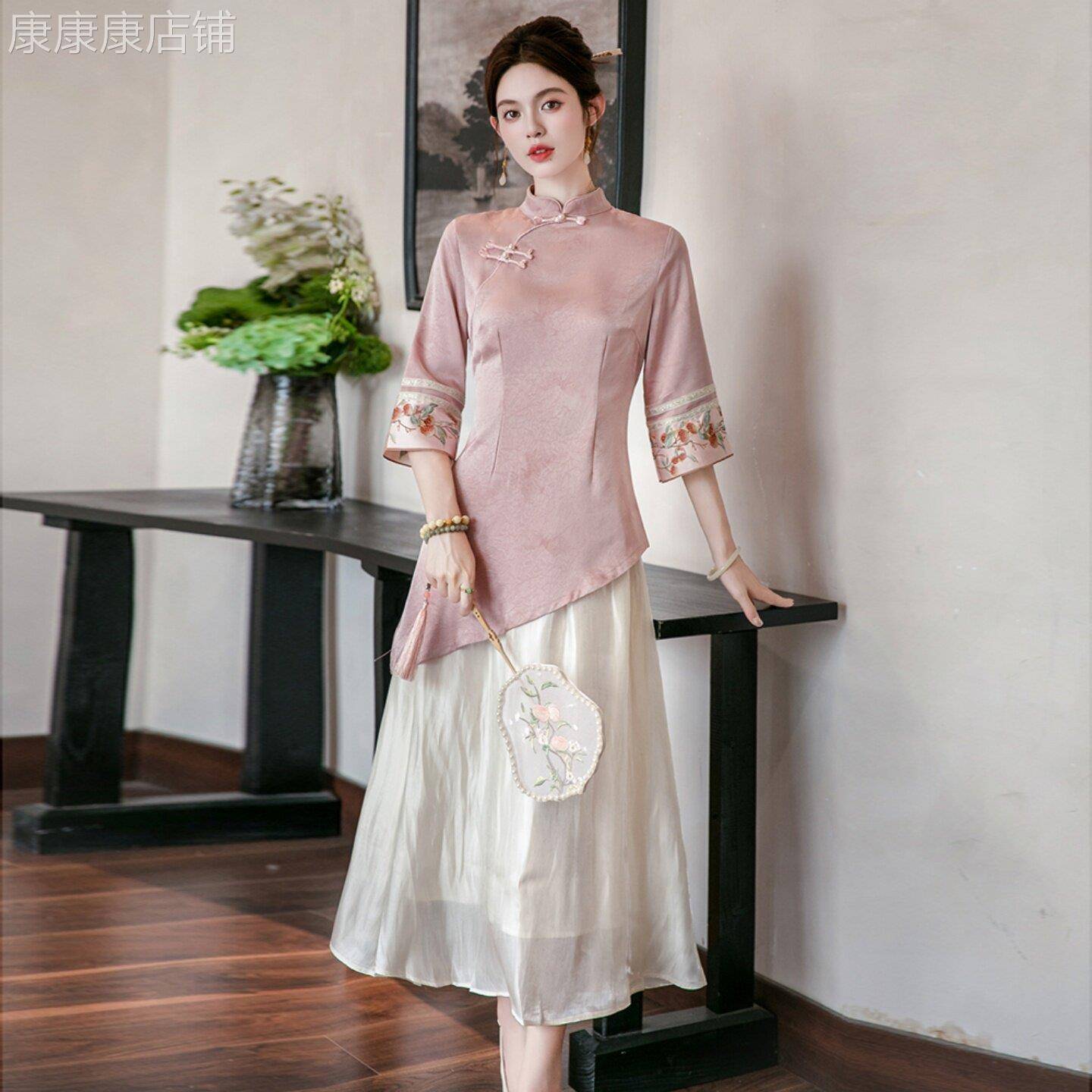新中式国风套装女夏季2026新款修身显瘦改良旗袍半身裙茶服两件套