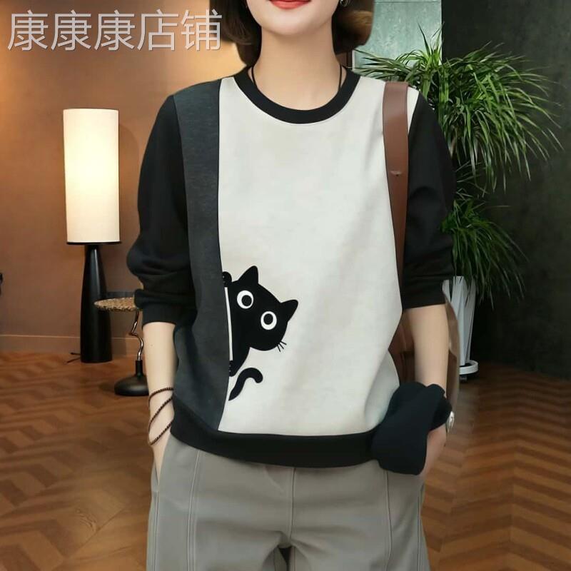 韩国宽松圆领长袖厚棉T女秋季新款爆大尺码胖mm时尚洋派百搭高级