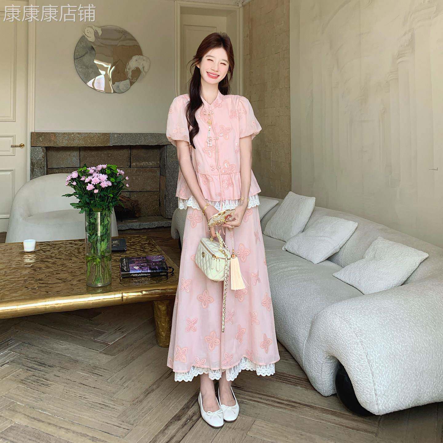 粉色夏日漂亮甜美新中式国风套装女2026刺绣荷叶边上衣半裙两件套