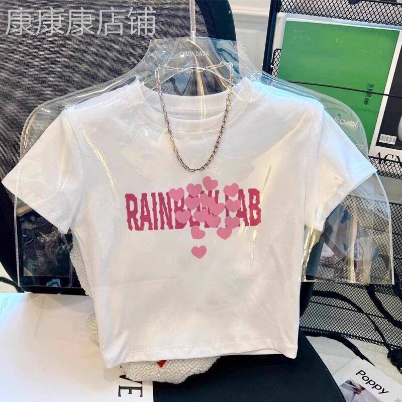 白色正肩印花短袖t恤女士春夏甜辣紧身小衫修身短款露脐半袖上衣