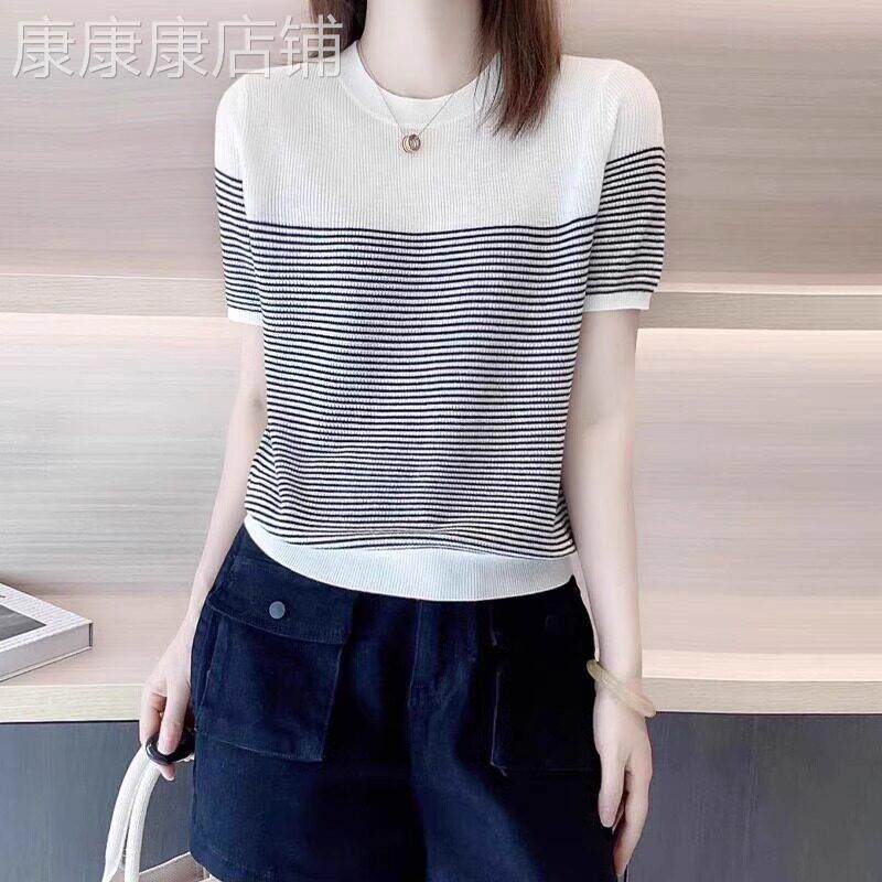 条纹冰丝针织短袖t恤女夏季2026新款设计感拼接气质显瘦短款上衣