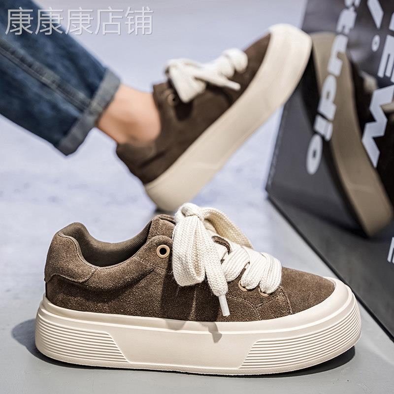 潮牌男鞋高级感时尚厚底运动鞋男韩版潮流复古纯色翻毛皮休闲板鞋