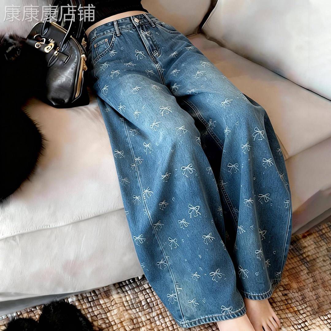 美式蓝色蝴蝶结牛仔外套女2026春季新款高腰显瘦休闲宽松直筒裤子