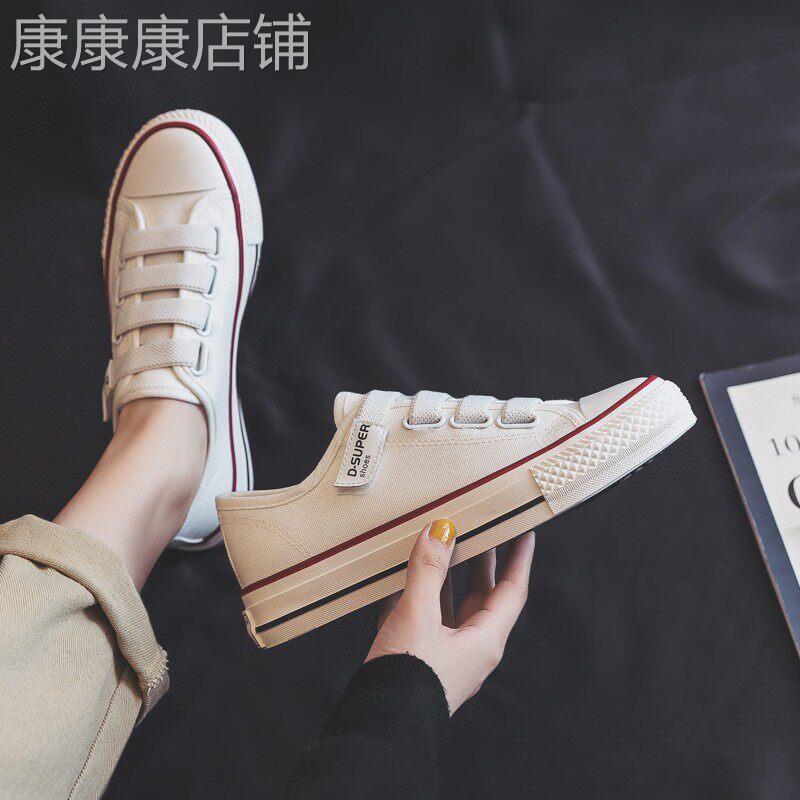 香港厚底魔术贴帆布鞋女夏季2026新款薄款爆款一脚蹬休闲小白板鞋