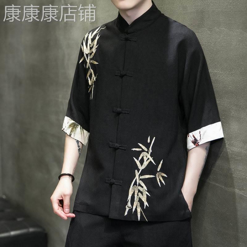 新中式亚麻上衣男夏季薄款国风刺绣盘扣半袖T恤百搭休闲短袖衬衫