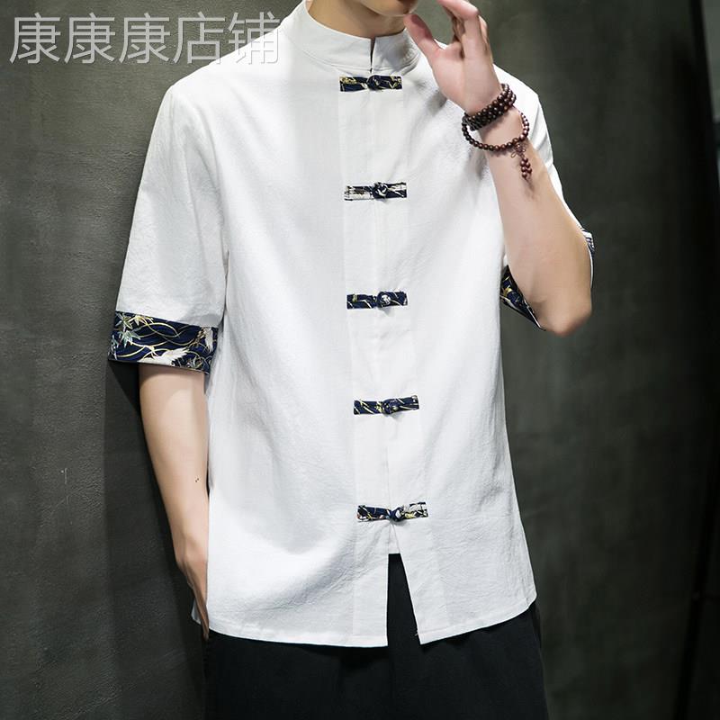 中国风亚麻短袖衬衫男夏季新款中式复古汉服唐装上衣棉麻半袖衬衣