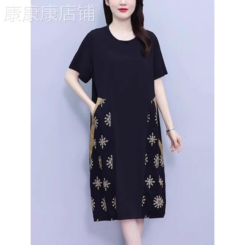 大尺码黑色印花短袖T恤洋装女夏季宽松胖mm遮肚显瘦休闲直筒裙子