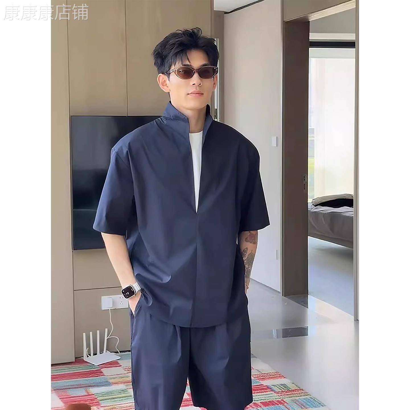 韩国Uamtor套装男士夏季立领衬衫短袖短裤酷帅穿搭冰丝假两件休闲