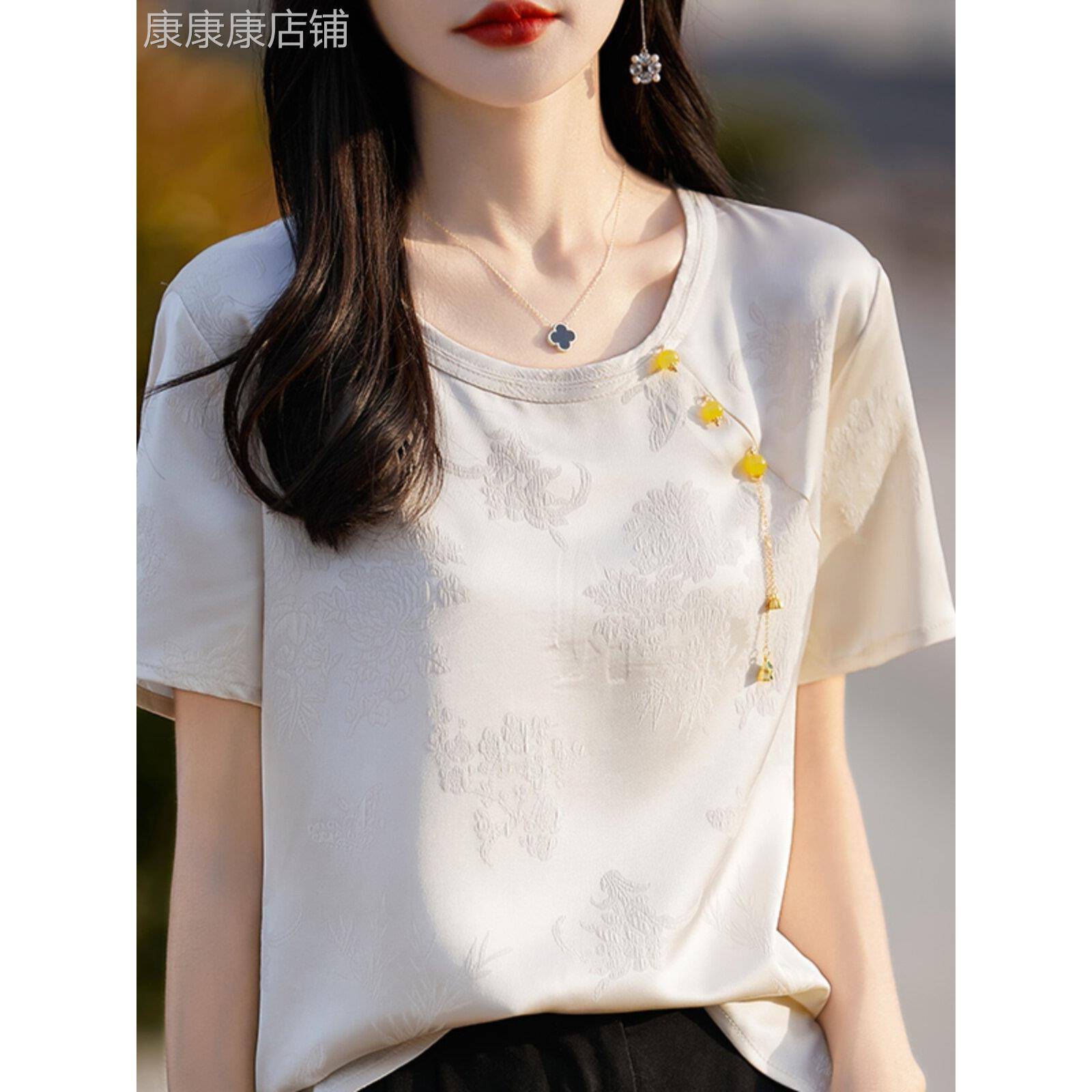 新款中国风短袖女式t恤2025夏季新款优雅工作服醋酸松缎民族风格
