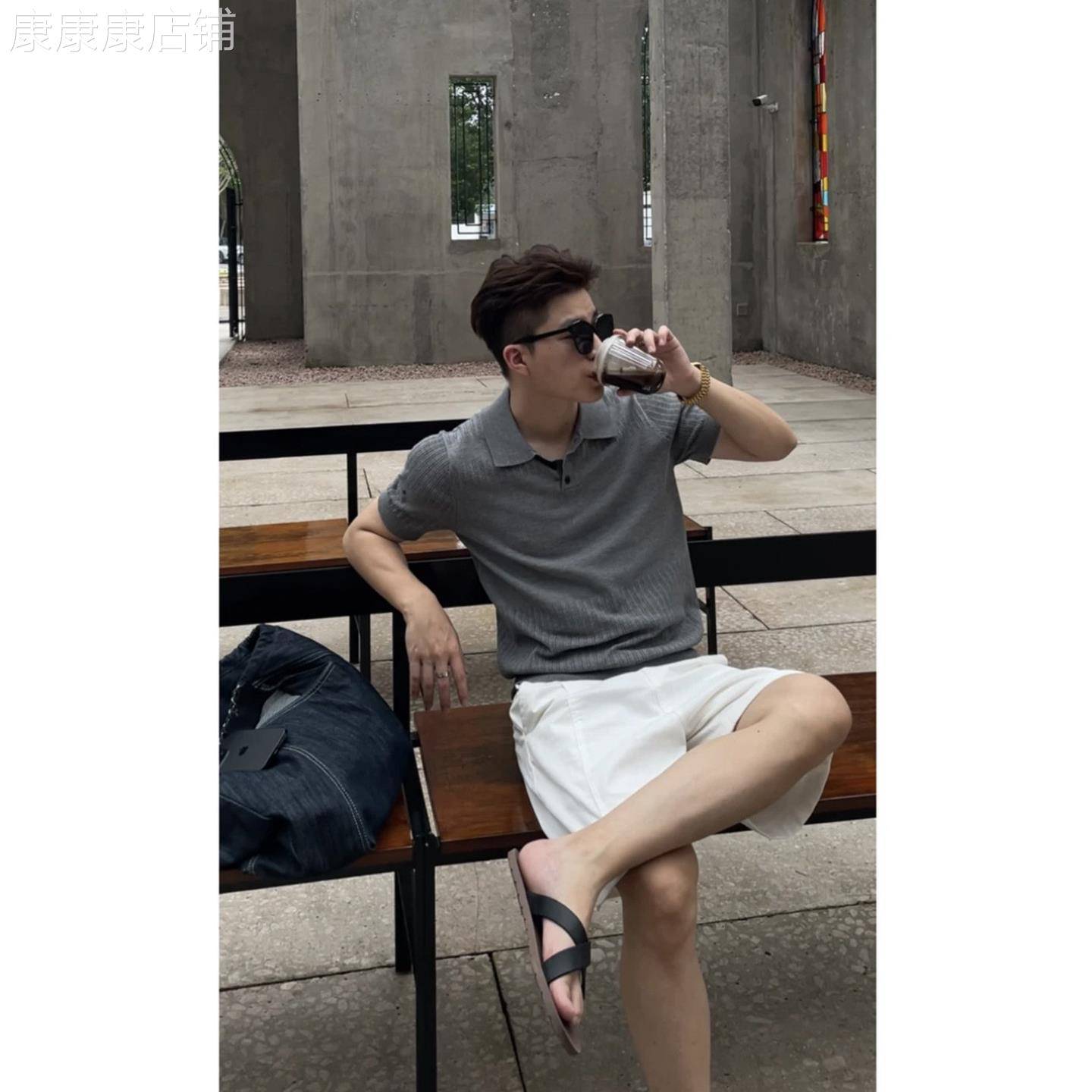 韩国Uamtor套装男夏季老钱风针织短袖Polo衫穿搭轻薄透气翻领半袖