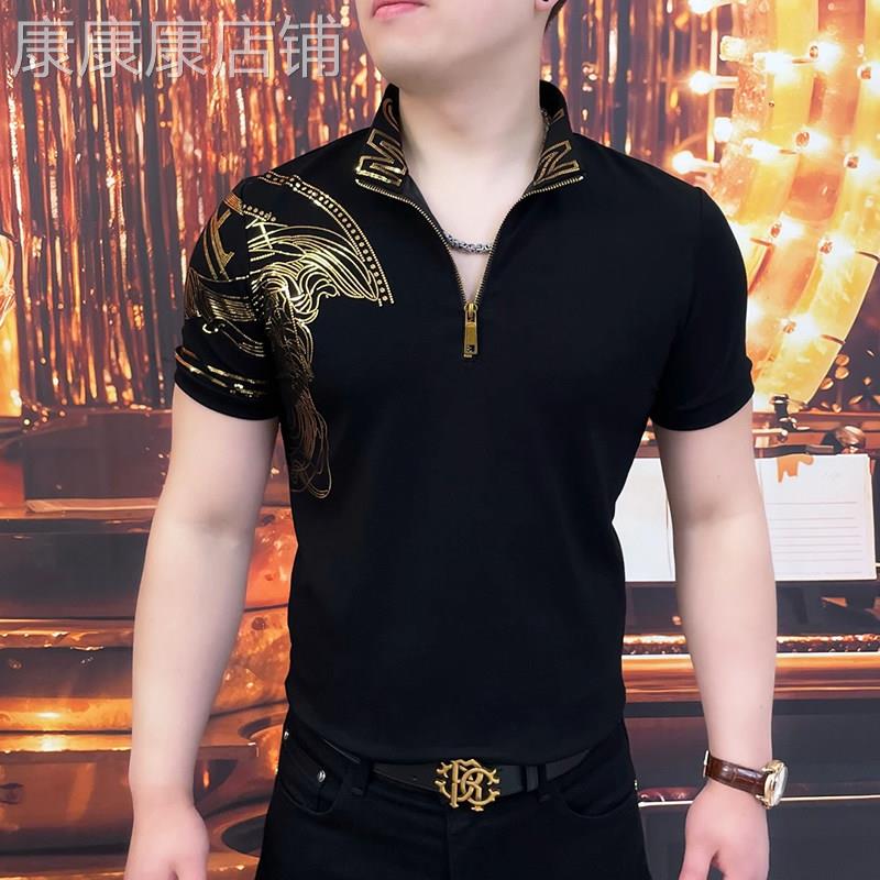 潮牌半拉炼短袖T恤男士夏季新款潮流轻奢上衣帅气立领修身T恤衫