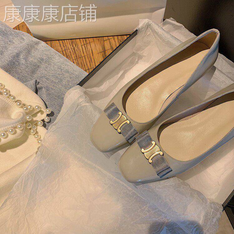 香港贵妇气质凯旋门淑女单鞋方头蝴蝶结粗低跟方扣中跟真皮奶奶鞋