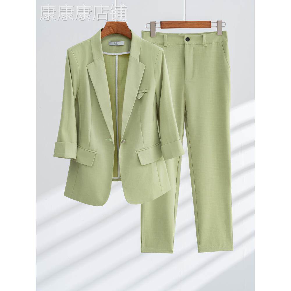 韩国绿色西装套装女夏季薄款气质名媛职业装小个子休闲西服两件套