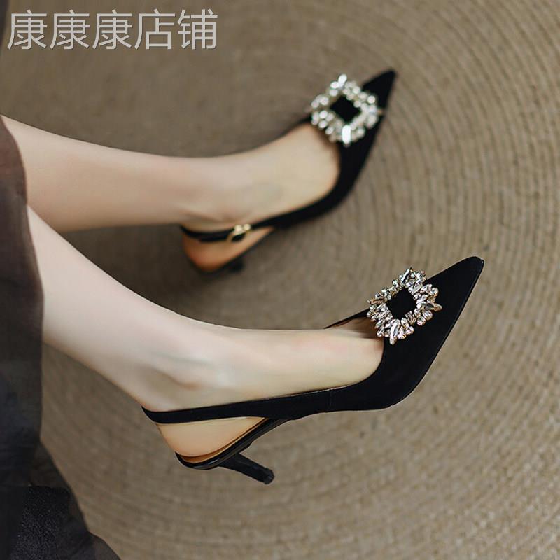 店主自留新款~真皮包头凉鞋女夏季细跟黑色气质尖头后绊带高跟鞋